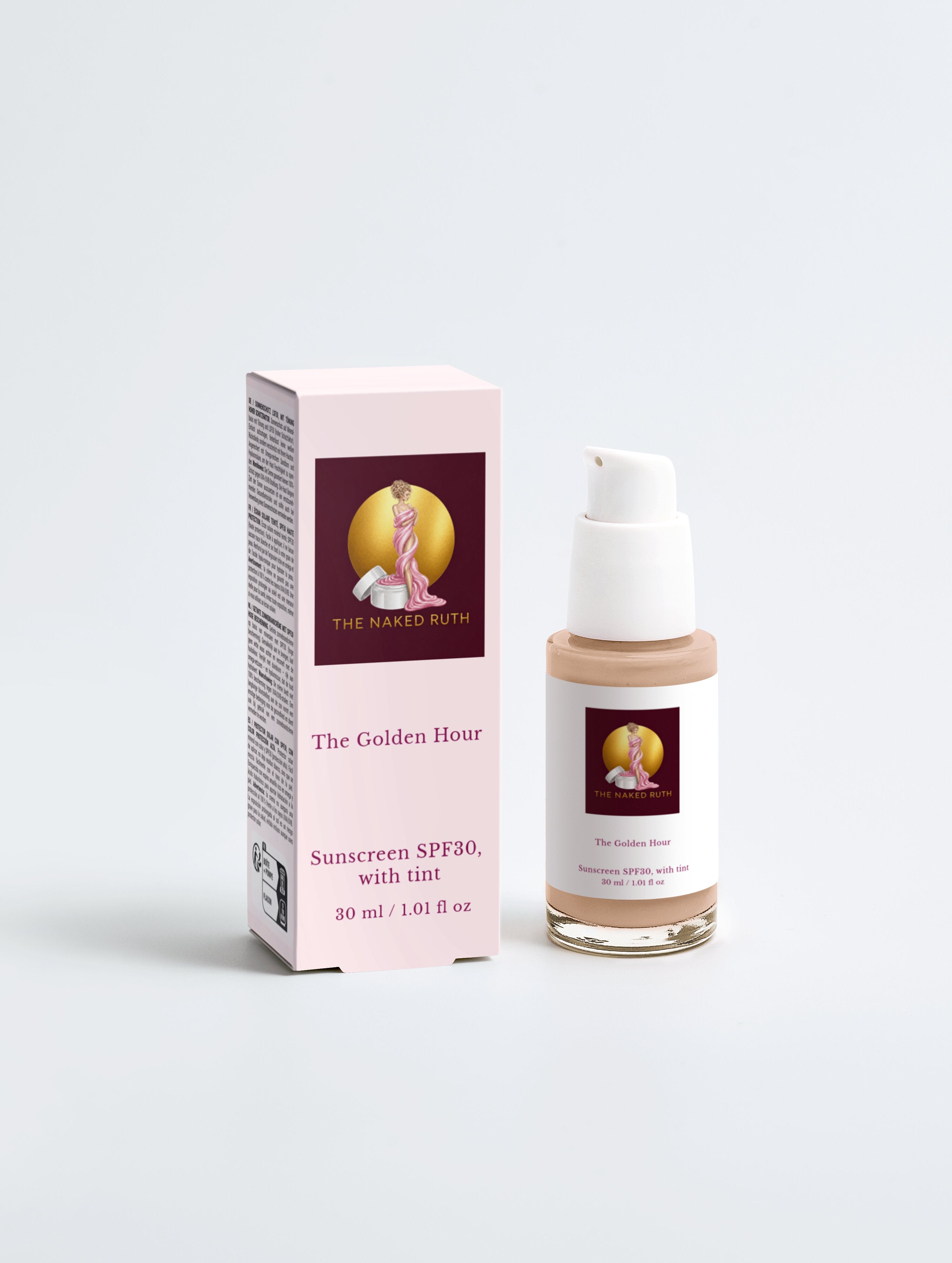 Sunscreen bottle and packaging labeled 'The Golden Hour' on a white background