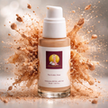 Skincare bottle with 'The Naked Ruth' label against a dynamic background of beige droplets.