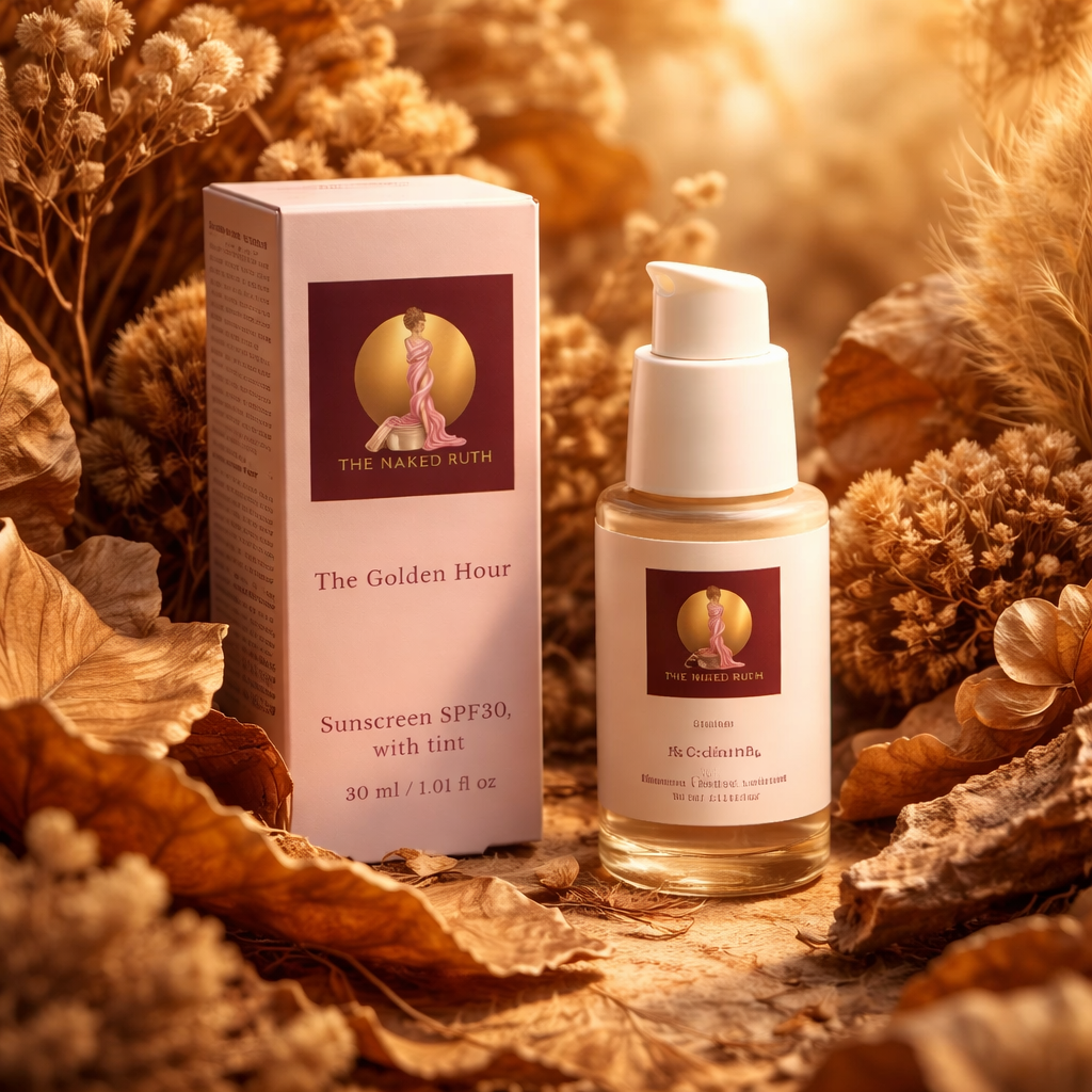 Sunscreen bottle and packaging with 'The Naked Ruth ' logo on a natural background